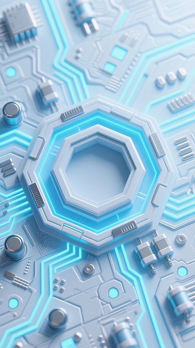 3D渲染的电路板主题科技感背景，整体采用浅蓝与白色为主的冷色调配色方案，光线从电路板边缘的发光元件散发，形成柔和的蓝色光晕和清晰的阴影细节，呈现出高精度的金属与塑料质感，表面有复杂的几何纹路和立体结构。中心区域为一个多层嵌套的六边形凹槽设计，周围环绕着交错的电路路径、凸起的电容电阻元件以及发光的连接节点，整体构图采用对称布局，具有强烈的未来科技感和机械精密感。