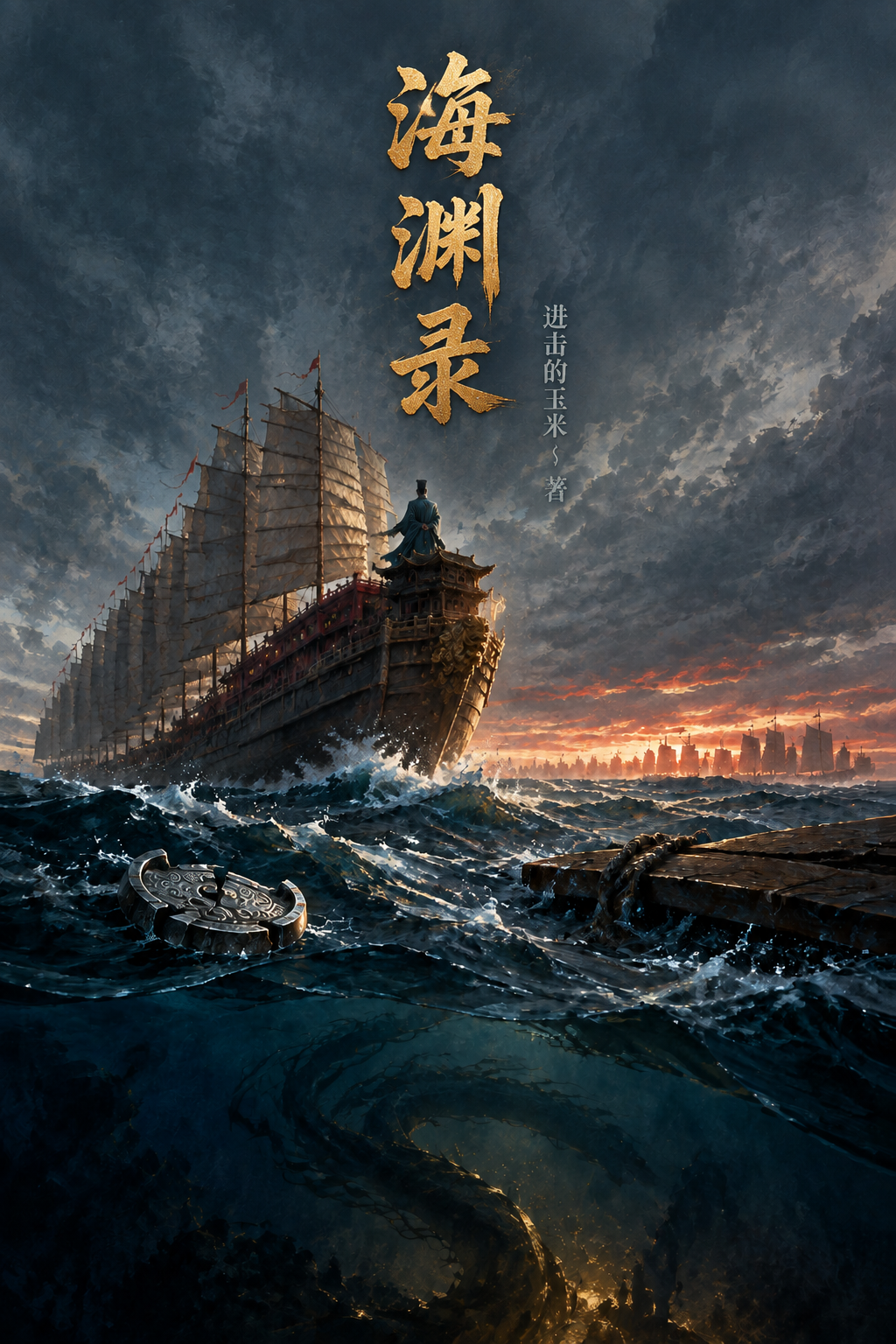 在画面上方三分之一的留白区域添加竖排书名和作者名。书名：海渊录… - 图片创意预览