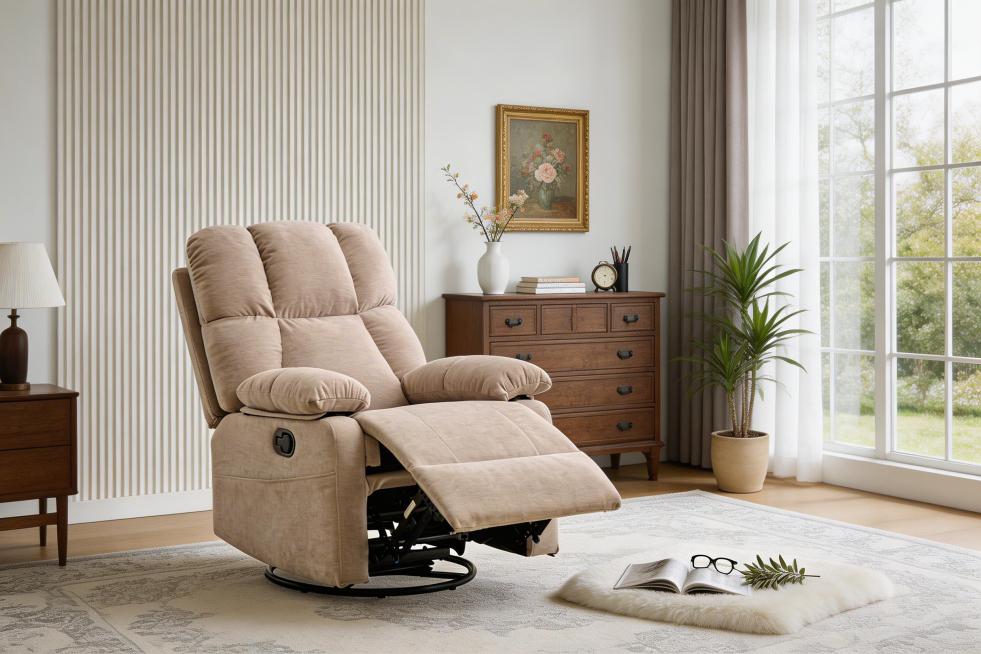 米白色单人沙发保持不变，放置在复古中古风+现代简约风的居家空间中，墙面以白色为基底，局部搭配竖纹肌理墙板，温润雅致。右侧是大型白色边框的落地窗，窗外绿意盎然，搭配内层白色纱帘+外层浅灰棕色布帘的双层窗预览效果