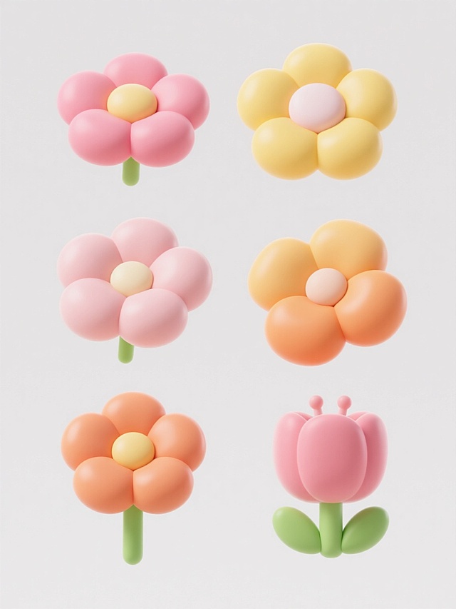 6个不同样式和颜色的卡通3D花朵素材，保持简约现代的整体造型，花朵具有圆润饱满的花瓣和光滑的表面质感，色彩包括粉色、黄色、橙色等柔和明亮的色调，部分花朵带有绿色的花茎和叶片，所有花朵规整排布在纯白色纯色背景上，无任何文字、logo和水印，整体呈现出可爱、清新、简洁的视觉效果。