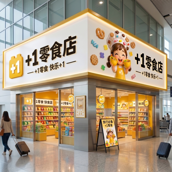保留原门店场景和所有内容不变，只修改小女孩帽子，把帽子上的十字换成饼干、糖果等零食装饰元素，保持整体风格和质感不变，真实自然预览效果