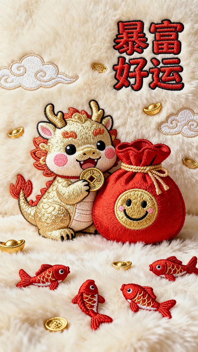 一幅以发财为主题的毛绒质感刺绣壁纸，整体采用米白色毛绒布料为背景，背景上有祥云，主题是是叼着小铜钱的 Q 版貔貅（浅金色，带腮红），旁边靠一个鼓胀的红金福袋（印笑脸图案）；下方有一些 条红色小锦鲤，，右上角用卡通粗体写 “暴富好运”，周围散落迷你元宝装饰。