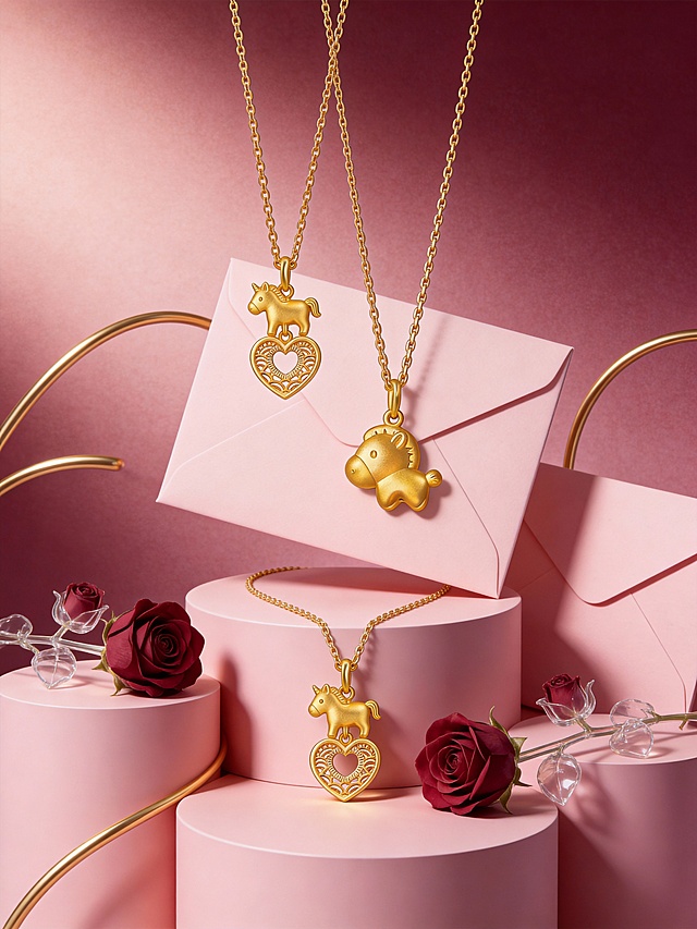 浪漫轻奢风七夕主题商业珠宝 3D 渲染风格，画面以柔和渐变的豆沙粉为背景主色调，搭配金属金、酒红玫瑰与浅粉信封作为视觉点缀，整体色调温柔且富有高级感。采用平视略俯视的视角，主体以悬挂形式置于画面中央，呈自然下垂角度，大小适中，悬浮于浅粉信封前方。背景为带有细腻纹理的豆沙粉渐变，下方放置多层粉色柱形台面，台面上摆放同款主体、酒红玫瑰与透明玫瑰枝蔓装饰，营造出七夕浪漫的空间感。采用柔和的全局光结合局部轮廓光，增强黄金的金属光泽与玫瑰的色彩层次，营造出明暗层次丰富的轻奢氛围，主体与浪漫温柔的场景融为一体，充满七夕的甜蜜氛围与视觉张力。
