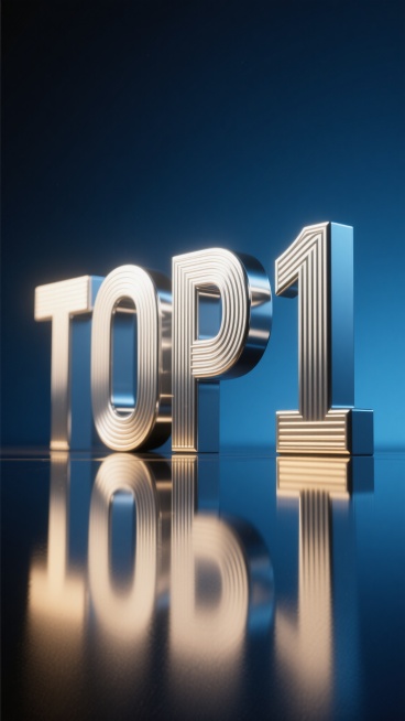 3D渲染的「TOP 1」艺术字，采用现代无衬线字体，字母为立体粗壮结构，表面有精致的竖条纹纹理，整体呈现亮银色金属质感，带有细腻的高光和阴影，字体下方有光滑的倒影效果。背景改为深蓝色渐变，从上到下由深邃的藏蓝过渡到夜空蓝，底部添加暗金色的微光光晕，营造出神秘而高端的氛围，光线从左上方柔和照射，使字体边缘产生清晰的高光轮廓，整体保持简洁大气的设计感，无其他多余元素。预览效果