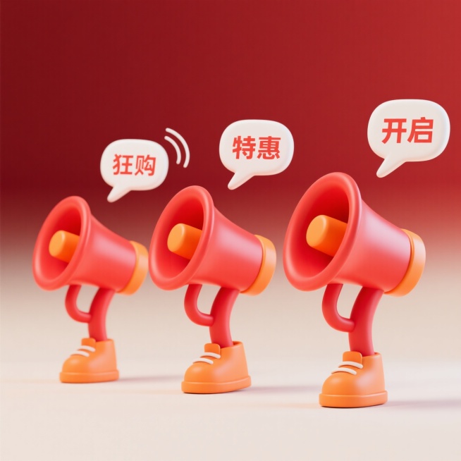 3 个红橙配色小喇叭（主体红色，喇叭口橙色，有红色小腿与橙色鞋子）依次在平面上排列；每个小喇叭上方有白色对话气泡和线条，营造说话氛围，每个气泡从左至右依次是文字：“狂购”“特惠”“开启”；每个扩音器大预览效果