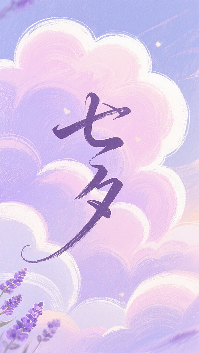 梦幻感插画风，水彩渲染云朵，紫色花点缀，书法“七夕”浪漫节日氛围。