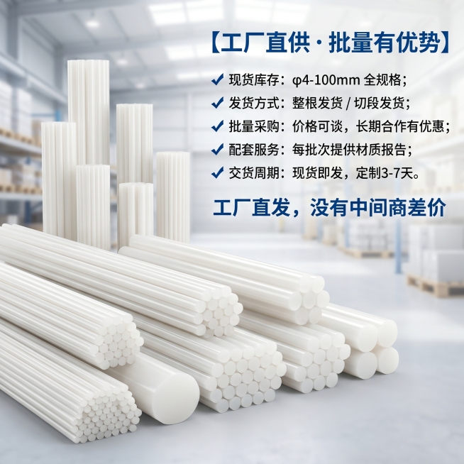[主图 5] 工厂直供批量优势展示。氛围风格：工厂源头专业感，明亮干净。画质：商业摄影质感、光线柔和通透、产品清晰真实、画面干净高级。元素：背景使用工厂仓库实景虚化，前景整齐排列不同规格PCTFE三氟预览效果