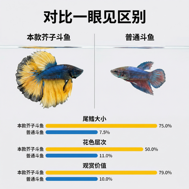 [主图 6] 芥子斗鱼与普通斗鱼多维度对比
[氛围风格] 清晰对比，真实直观
[画面元素] 商业摄影质感、光线均匀通透、画面干净清晰。左右分栏对比，左侧为本款芥子斗鱼清晰展示，右侧为普通斗鱼，下方用条预览效果