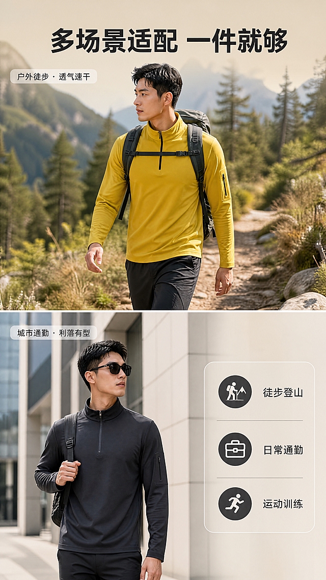 [商品] 使用【图1】芥末黄和【图5】哑光黑两款锦氨户外半拉链上衣；商品处理：两款均保留立领半拉链、左臂口袋、长袖版型、各自颜色、锦氨面料；自然去皱，增强面料纹理和压胶质感，不改变版型结构。
[画面] 目标：双场景穿搭展示（户外徒步+城市通勤）。构图：上下分栏，上半部分（占55%）为亚洲男性模特穿芥末黄款在山间徒步场景，侧身行走，右手自然摆动，背景是山林步道；下半部分（占45%）左侧为哑光黑款城市通勤场景（模特走在现代建筑旁），右侧为信息卡；两个场景均展示完整上身效果；三层景深：前景人物、中景环境、后景虚化。
[视觉] 套系策略：风格=国内电商高级户外机能商业摄影；标题字=粗黑体现代无衬线；正文字=简洁无衬线体；主色=芥末黄（暖黄调）；背景延展=基于自然户外色与城市灰调做融合，整体偏暖黄调统一；强调色=深炭灰，仅用于图标和标签；标题色=深炭灰；正文色=中暖灰；组件=圆角半透明信息卡、细线引线；光影=户外自然光+城市柔和天光，上下场景色调统一。
[文字] 顶部主标题「多场景适配 一件就够」（8字）；上半场景角落小字标注「户外徒步 · 透气速干」；下半场景角落小字标注「城市通勤 · 利落有型」；右下信息卡列3个场景标签：「徒步登山」「日常通勤」「运动训练」；所有文字横排，不遮挡人物和服装主体。
[规格] 图片比例9:16竖版，4K分辨率，medium质量；避免变形、错字、文字过小、冷蓝背景、衣服颜色改变、版型失真、极限词。