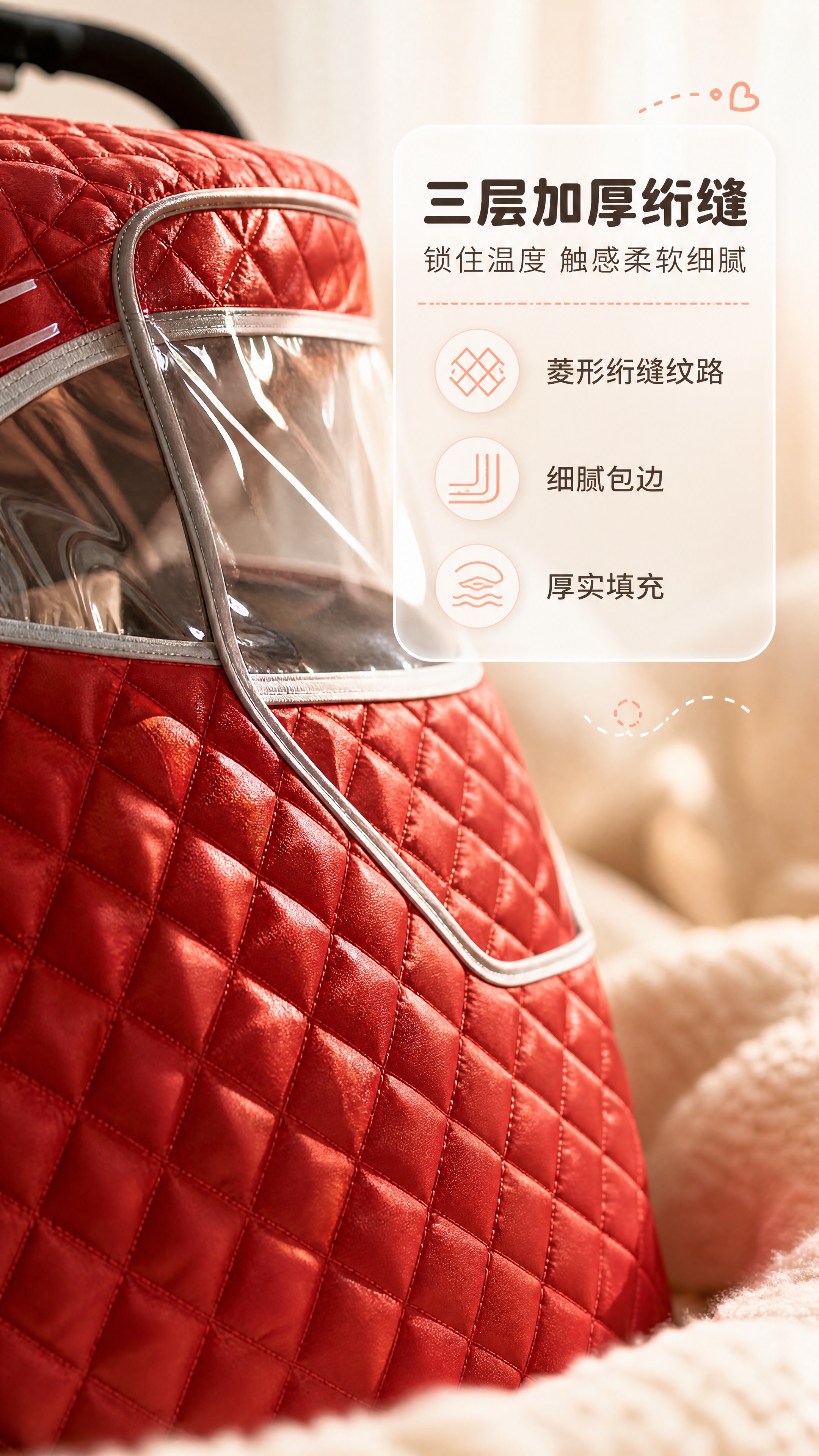[商品] 使用【图1】正红色绗缝婴儿推车保暖罩的局部；保留菱形… - 图片创意预览