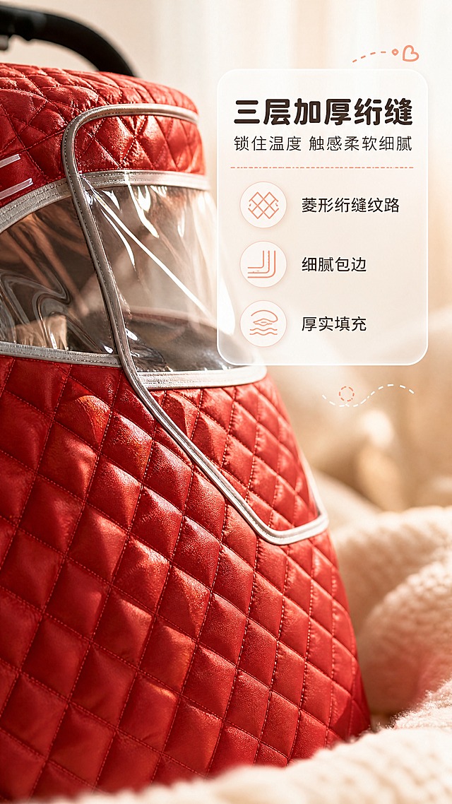 [商品] 使用【图1】正红色绗缝婴儿推车保暖罩的局部；保留菱形绗缝纹路、面料厚实填充感、灰色包边与透明视窗边缘结构、正红色；仅增强织物肌理与光影层次，不改变材质、颜色与结构。【图2】【图3】仅作同款结构核对参考，本页不得出现藏青与深灰配色。
[画面] 微距质感型细节页；镜头贴近罩身与视窗交界处斜向特写，绗缝罩面占画面约80%；可轻微侧转与局部遮挡突出绗缝厚度；背景为暖米白绒布与柔光虚化，形成前中后景层次；景别微距特写，左前侧柔暖光勾出绗缝立体起伏。
[视觉] 套系策略：风格=温暖治愈的母婴商业摄影（柔和暖光棚拍＋真实居家与户外轻场景）；标题字=圆润粗黑体；正文字=圆润无衬线体；主色=暖米白；背景延展=基于暖米白做深浅层级、同色渐变与柔软织物/纸张质感；强调色=暖珊瑚橘，仅用于小面积图标、引线、标签；标题色=深暖灰；正文色=中暖灰；组件=圆角浅底信息卡、细线引线、圆点与柔和曲线点缀；光影=左前侧柔暖光。
[文字] 右侧圆角信息卡横向排版：主标题"三层加厚绗缝"，副标题"锁住温度 触感柔软细腻"，三个信息点"菱形绗缝纹路""细腻包边""厚实填充"；文字不遮挡微距主体。
[规格] 图片比例9:16竖版，4K；负向：避免变形、错字、文字过小、竖排/旋转/斜排文字、冷蓝冷灰成为背景或卡片主色、商品颜色与结构改变、拉长压扁、缺件错件、平台Logo与水印、极限词。