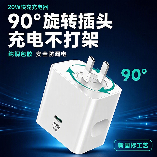 [主图-1] 主题：90°旋转插头充电器商品识别首图，突出产品完整外观与核心利益点。
[统一基调] 拼多多风格，大字直白，性价比感强；深蓝渐变科技背景，主标题白色粗黑体大字，辅助文案青绿色，强调色为青绿色科技光效；字体统一使用无衬线粗黑体，标题最大最粗，辅助文字缩小50%以上；圆角卡片样式，整体视觉冲击力强。
[画面] 产品居中偏下，占画面约65%，30°斜侧视角展示完整白色方形充电器外观，正面可见20W MAX标识和Type-C接口，顶部展示90°旋转插脚结构，插脚处于旋转状态，周围有青绿色旋转箭头环绕指示旋转方向，右侧标注大号"90°"字样。产品下方有柔和接触阴影，悬浮于深蓝色渐变背景之上，背景有微弱科技光效点缀。左上角放置产品名称短词"20W快充充电器"。
[光影质感] 商业摄影质感，主光从左上方打来，产品白色外壳有细腻高光和反光，边缘清晰锐利，插脚金属质感真实，整体干净通透有品质感。
[配色] 背景深蓝渐变，产品白色，主标题白色，辅助文案青绿色，强调色青绿色光效。
[文字版式] 画面上方大字主标题"90°旋转插头 充电不打架"分两行排列，字体粗大醒目；主标题下方一行青绿色辅助文案"纯铜包胶 安全防漏电"；右下角圆角青绿色边框标签"新国标工艺"；文字均放在负空间，不遮挡产品主体。
[输出要求] 1:1正方形比例，2K高清，文字清晰可读，产品清晰不变形，无错字，无杂乱元素，无水印，无平台Logo。