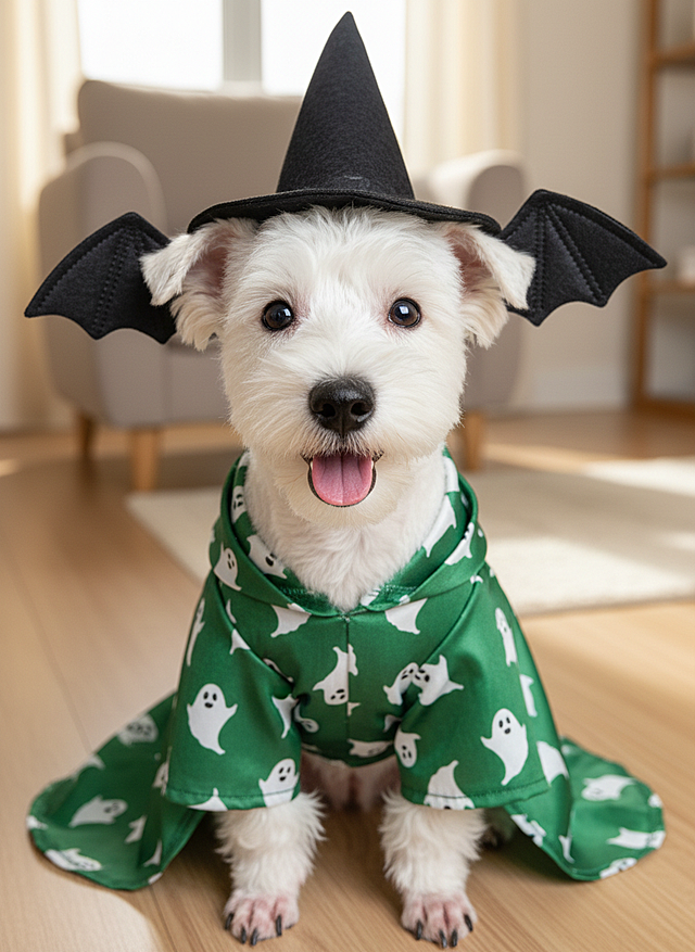 可爱感与梦幻感交织，拟人风小犬身披绿幽灵斗篷，戴尖帽蝙蝠耳，面料质感细腻，温馨趣味十足，营造万圣节实景氛围。