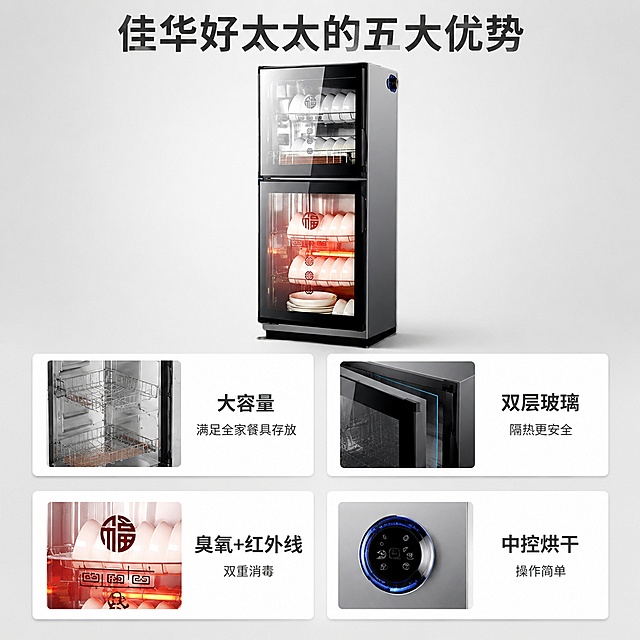 「图片1」，生成一套主图（5张），商品名称是佳华好太太，卖点是大容量，双层玻璃，臭氧+中控烘干+红外线消毒，操作方便，适配京东平台，主图比例为1:1