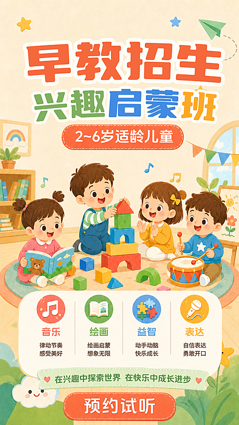 早教班兴趣班幼儿少年班启蒙班招生宣传卡通风竖版海报