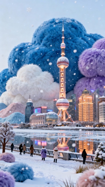 雪后晴空下的东方明珠亮着灯，塔身覆薄雪。黄浦江面结着薄冰，倒映塔影与两岸建筑群暖光，江堤行人裹厚衣赏景，雪花零星飘落，陆家嘴霓虹与雪地相映，都市冬日氛围感拉满。预览效果