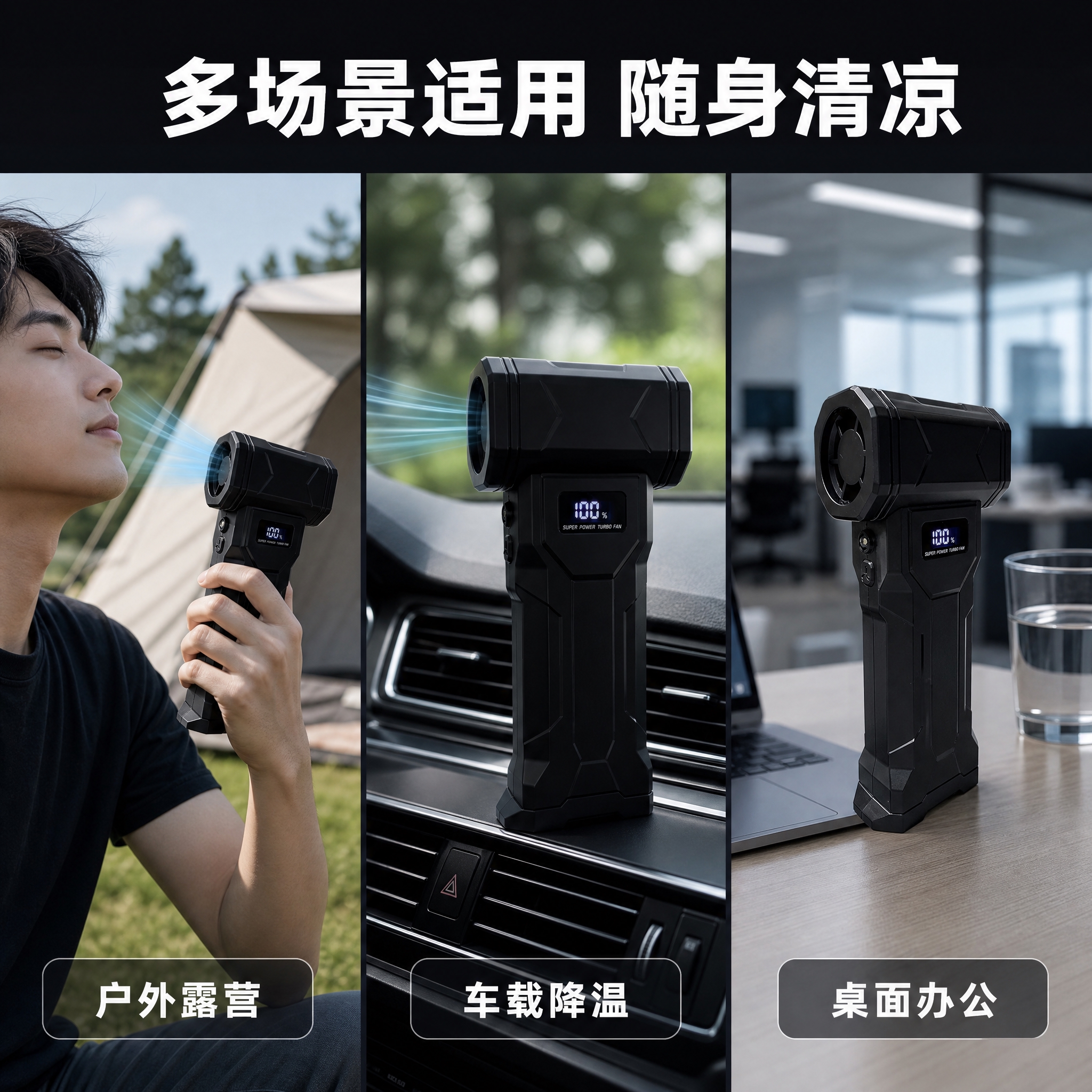 [主图-4] 真实使用场景图，展示手持涡轮暴力风扇在户外/车载… - 图片创意预览