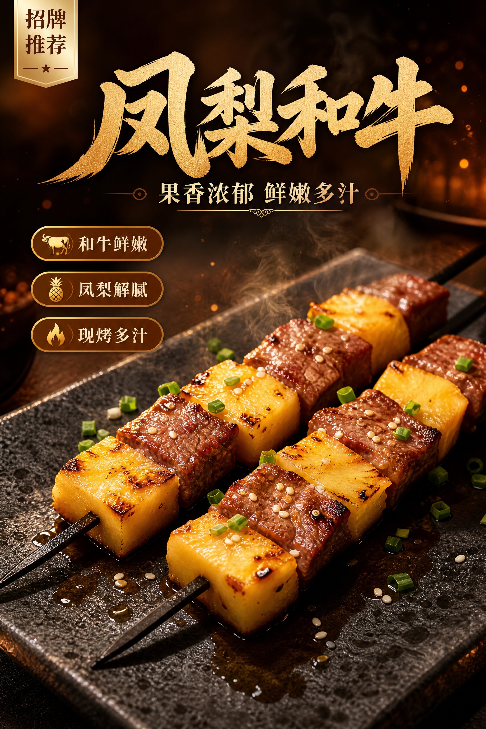 写实商业摄影风格的高端烧烤美食海报，竖版2:3构图。画面主体是… - 图片创意预览