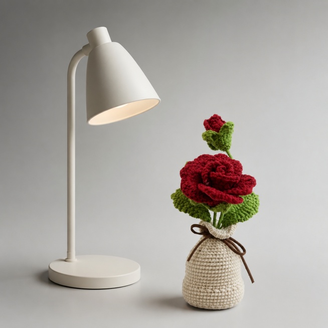 [Product 3 - Rose Potted] Product display with size reference. Show the handmade crochet rose pot ne预览效果