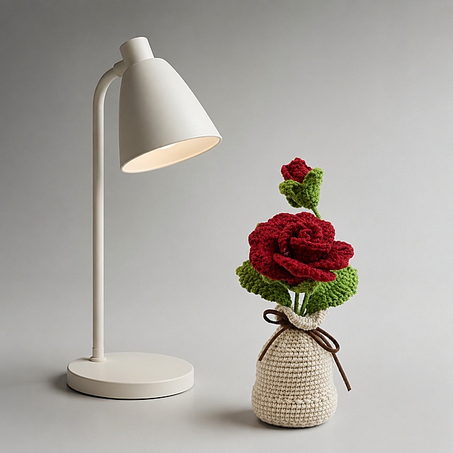 [Product 3 - Rose Potted] Product display with size reference. Show the handmade crochet rose pot next to a common desk lamp to compare actual size, help customer intuitively understand product dimension. Background is low-saturation light gray gradient. Keep product appearance, physical structure, yarn texture and color consistent with input image. Commercial photography quality, soft natural light, 1:1, no extra marketing text. Negative prompt: deformation, text confusion, blurry product, packaging, gift box