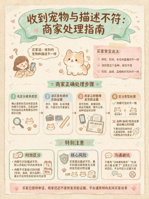 「图片1」「图片1」「图片1」内容：“买家说“收到的宠物和描述不一样”
场景描述
买家常见说法一般是：
“颜色、花纹、毛色和直播间不一样”
“说的是这个品种，收到不是”
“性别、血统、品相和你写的不一预览效果