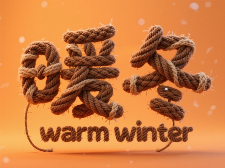 “暖冬”“warm winter” 织物风格卡通字体，构造方式为棕色的线缠字体结构，多层麻绳盘绕，字体像地毯编织，搭配麻织纹理，手工质感强烈，橙色背景预览效果