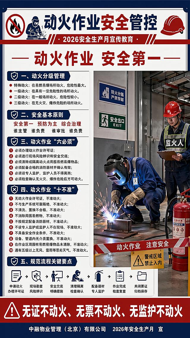 现代感工业风设计，融合金属质感与霓虹警示色，3D立体视觉呈现安全场景，突出科技感与未来感，强化动火作业安全管控主题。