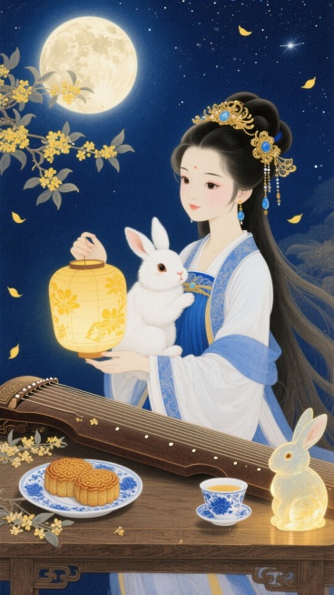 Q版古风女子着蓝白汉服，饰金玉发饰与蓝玉耳坠，长发飘，怀白兔、持暖黄花纹花灯。下有木桌，置古筝、桂花月饼瓷盘、蓝白茶杯及发光玉兔摆件。深蓝星空悬带光晕满月，桂枝黄花飘落，深蓝暖黄调，酿中秋温馨浪漫。预览效果