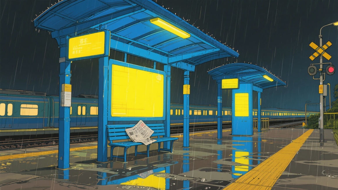 港风二次元，黑夜下雨车站，,安点，细节丰富，蓝色为主、黄色为辅，生成2张，不要人，4k，16:9预览效果
