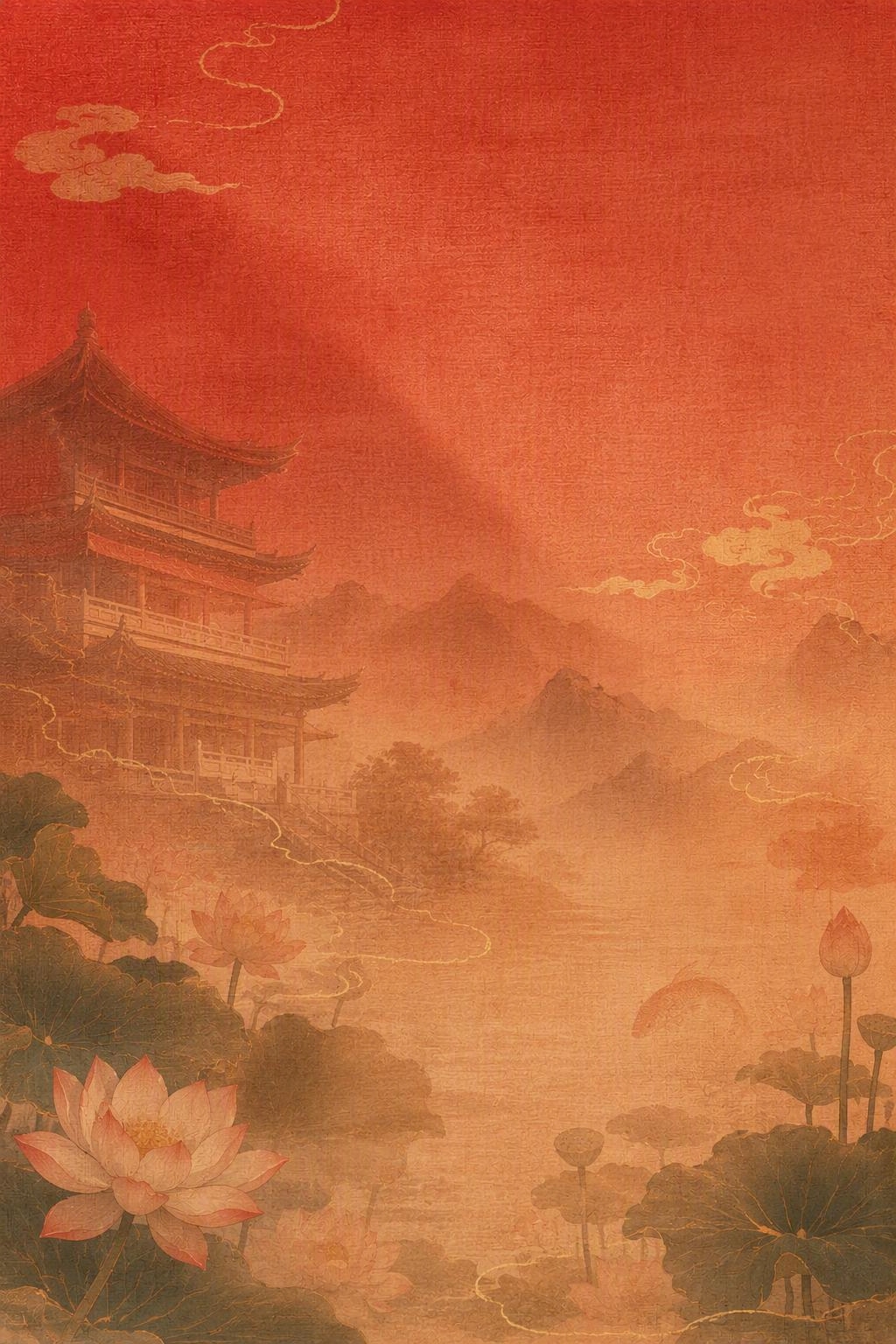 参考图的唐风古韵风格和布纹肌理底纹，保留朱砂红到暖橘色的渐变底… - 图片创意预览