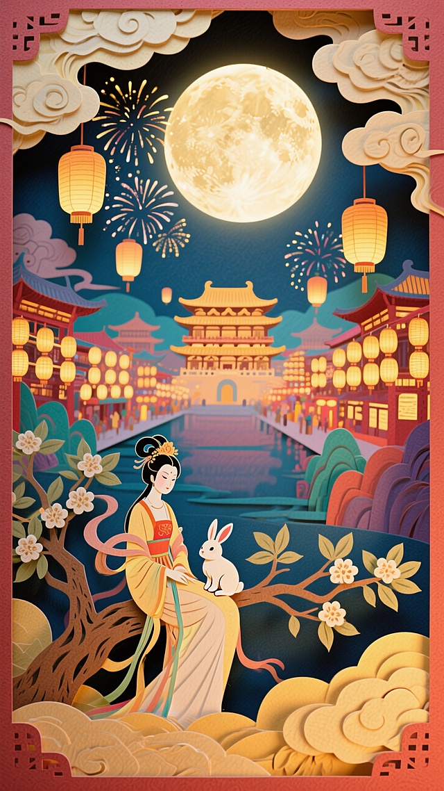 全景构图，近景是嫦娥和玉兔的坐在桂花树上的侧影，中间是是繁华的大唐不夜城，灯笼阵列悬浮空中，背后是圆月和烟花，画面四周祥云环绕，画面整体充满喜庆和华丽，画面呈现喜庆的暖色调
