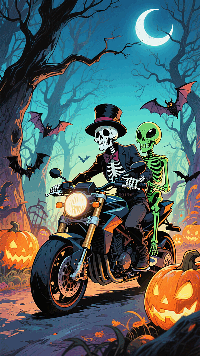 森林里，骑摩托的骷髅（戴高礼帽）载着绿色外星骷髅，搭配南瓜灯、蝙蝠、弯月和枯树，万圣节氛围。
