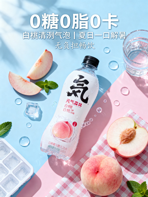 元气森林无糖白桃味气泡水宣传海报，适配小红书平台，整体风格是清新ins风、少女感、低饱和马卡龙色调、氛围感生活场景、精致种草风。画面核心：元气森林白桃味无糖气泡水为主视觉，新鲜白桃果肉+桃瓣散落，透明预览效果