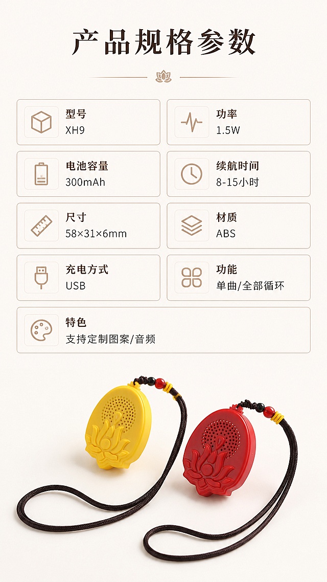 使用商品详情页技能根据商品图「图片1」「图片1」「图片1」「图片1」「图片1」「图片1」「图片1」生成详情页，参考图为，商品名称为XH9，卖点为迷你挂件音箱/USB充电播放器/单曲循环/全部循环  型号：XH9 功率：1.5W 电池 ：300+，续航 8-15h 尺寸：长58宽31mm厚0.6mm 特色：定制图案/音频 材质：ABS 充电：USB 功能：全部循环/单曲循环，适配平台为淘宝/天猫，图片比例为9:16，需求屏数为8张，