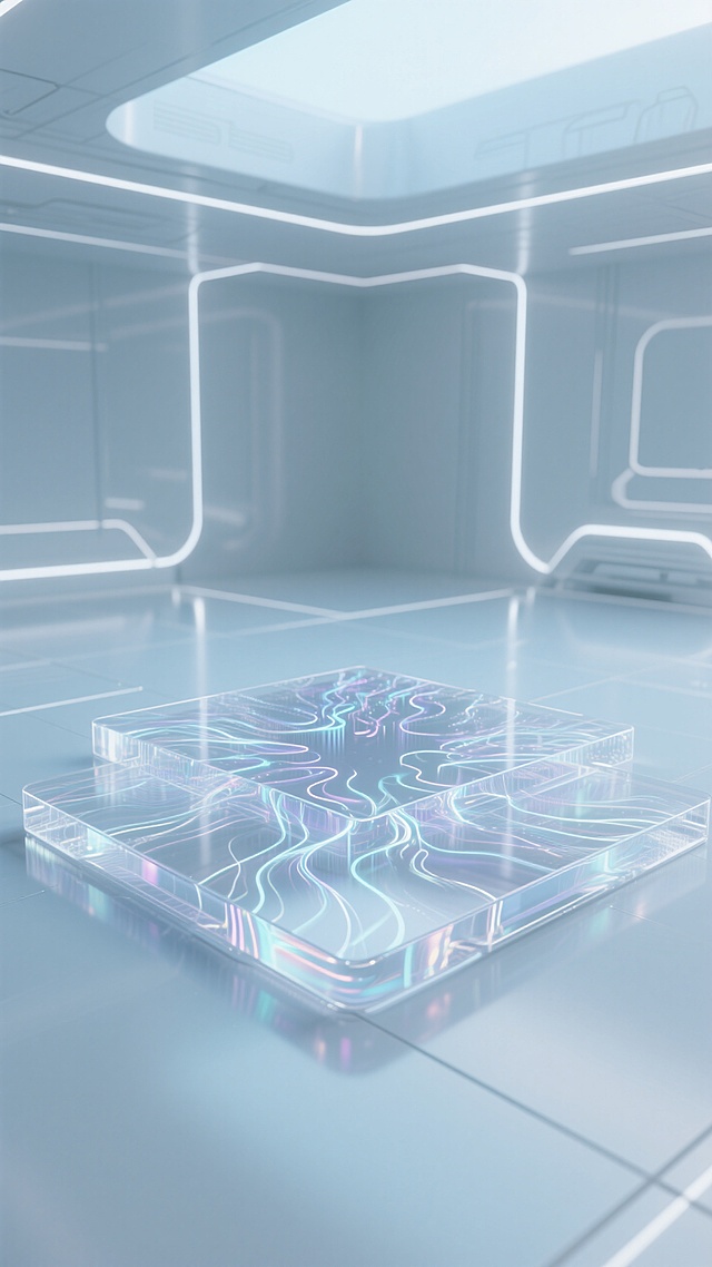 极简超现实风格。主体是一个流光复杂脉络的透明平台，周围空旷明亮的未来感空间