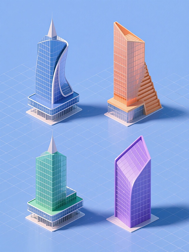 4个完全不同形状的现代城市建筑系列素材集合，均采用超写实3D渲染风格，保持玻璃幕墙、金属框架、底部裙楼与顶部尖顶的核心建筑元素，整体色彩分别变换为纯净的蓝色、温暖的橙色、清新的绿色和优雅的紫色，每个建筑拥有独特的几何轮廓（如流线型、棱角型、阶梯型、不规则多边形），在纯色背景上以规整的网格状排布，呈现出专业建筑效果图的精细质感、清晰光影过渡和通透材质表现，营造出简洁现代的都市建筑氛围。