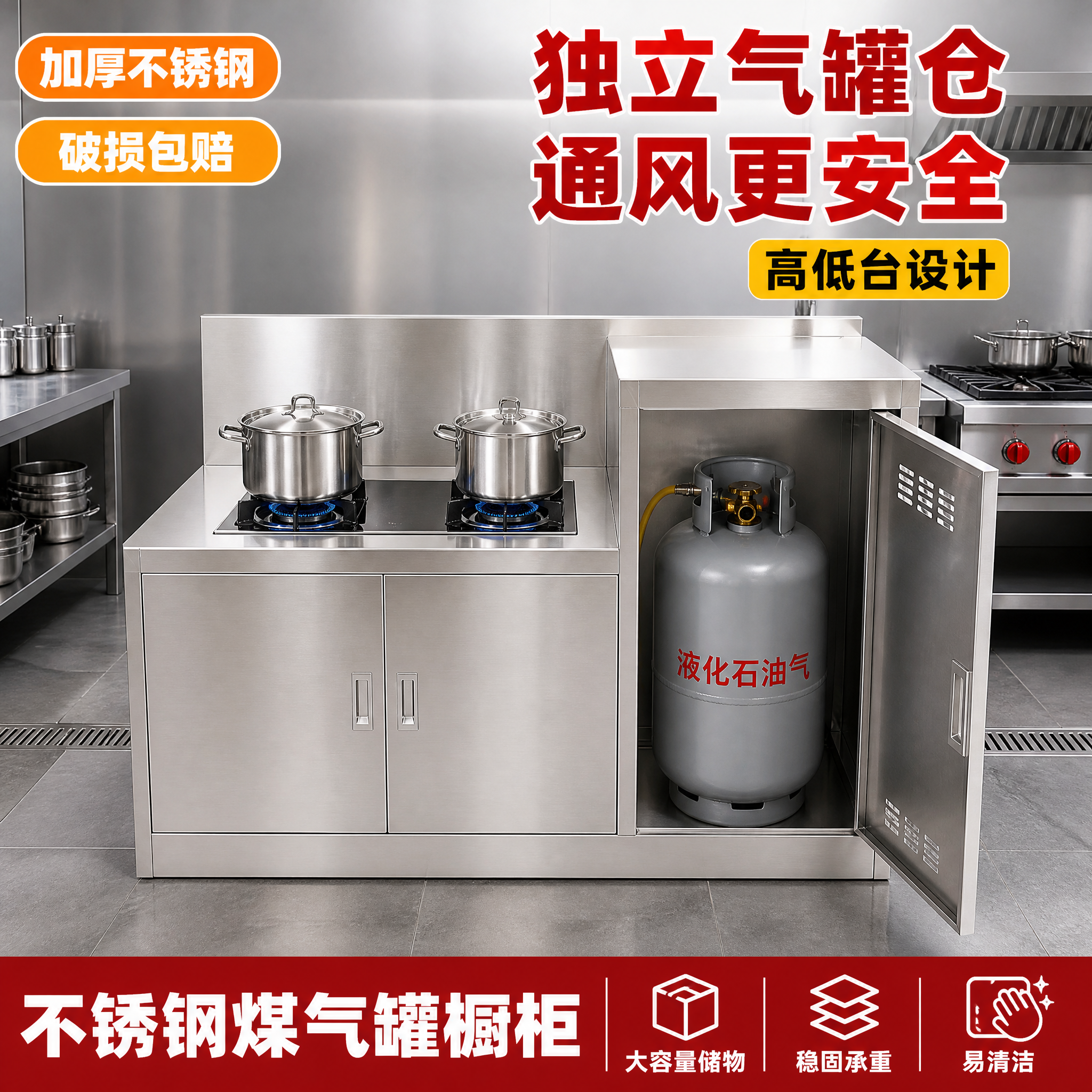 [主图-1] 不锈钢煤气罐橱柜 首图点击率 商用厨房场景 高低… - 图片创意预览