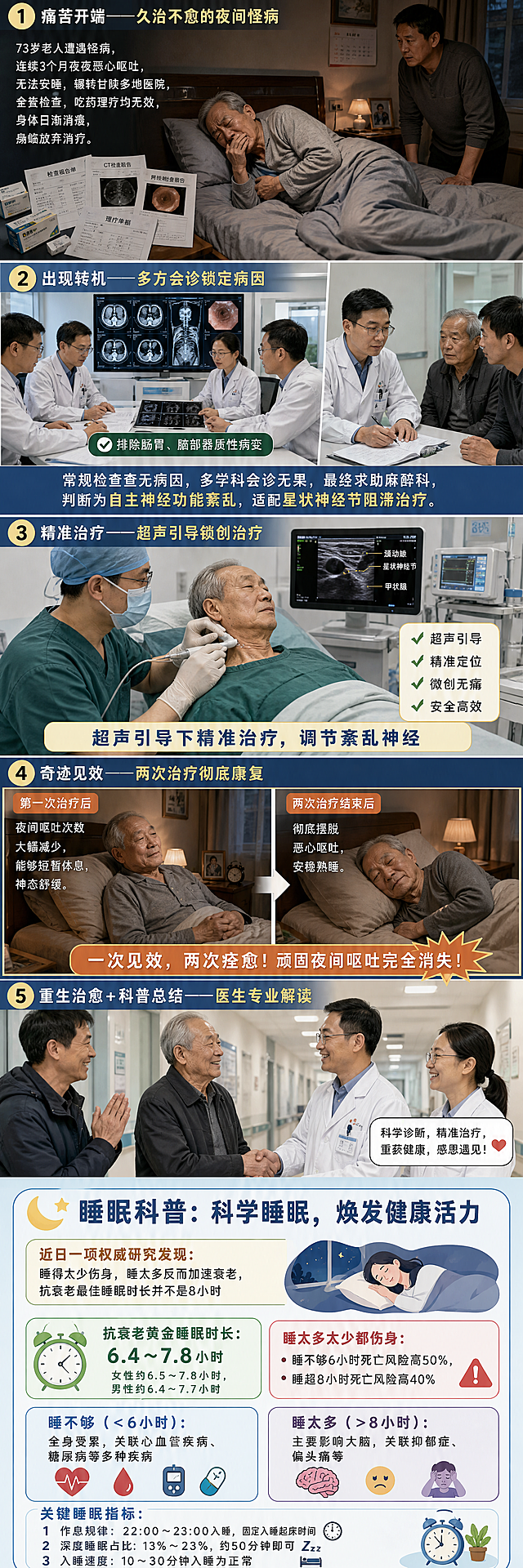 生成竖版长图科普，分五格叙事加睡眠科普板块，内容如下：
第1格：痛苦开端——久治不愈的夜间怪病。老旧居家卧室场景，夜晚昏暗柔和灯光，73岁老爷爷躺在床上，眉头紧皱、面色蜡黄憔悴，身体虚弱蜷缩，呈现恶心反胃、无法入睡的痛苦状态。床边站着焦急的儿子，面露无奈担忧。角落点缀医院检查报告、药盒、理疗单据元素，配文字幕："73岁老人遭遇怪病，连续3个月夜夜恶心呕吐，无法安睡，辗转甘陕多地医院，全套检查、吃药理疗均无效，身体日渐消瘦，濒临放弃治疗。"，氛围压抑无奈。
第2格：出现转机——多方会诊锁定病因。医院消化内科会诊办公室，明亮整洁的医疗环境，多名医生围坐查看病历、CT、胃肠镜检查报告，进行多学科会诊，画面标注"排除肠胃、脑部器质性病变"，最后聚焦麻醉科医生认真翻阅病历、询问老人和家属，配文字："常规检查查无病因，多学科会诊无果，最终求助麻醉科，判断为自主神经功能紊乱，适配星状神经节阻滞治疗"，氛围专业严谨，绝境现希望。
第3格：精准治疗——超声引导微创治疗。医院麻醉治疗室，干净无菌，设备专业，老爷爷平躺接受治疗，麻醉医生手持仪器，超声屏幕清晰可见，精准做星状神经节阻滞微创治疗，操作轻柔专业，老人神态放松，配文："超声引导下精准治疗，调节紊乱神经"，突出微创无痛精准，氛围安心专业。
第4格：奇迹见效——两次治疗彻底康复。左右分镜对比：左镜：第一次治疗后，老人夜间呕吐次数大幅减少，能够短暂休息，神态舒缓；右镜：两次治疗结束后，老人彻底摆脱恶心呕吐，安稳熟睡。卧室灯光温馨柔和，配文："一次见效，两次痊愈！顽固夜间呕吐完全消失"，前后状态对比强烈，氛围惊喜治愈。
第5格：重生治愈+科普总结——医生专业解读。上半部分：医院走廊，老人精神饱满、面色红润，紧紧握住医生的手微笑致谢，家属面露激动喜悦，画面温暖治愈。下半部分睡眠科普板块，搭配简约背景，内容精简：
"近日一项权威研究发现：睡得太少伤身，睡太多反而加速衰老，抗衰老最佳睡眠时长并不是8小时
抗衰老黄金睡眠时长：6.4～7.8小时
女性约6.5～7.8小时，男性约6.4～7.7小时
睡太多太少都伤身：睡不够6小时死亡风险高50%，睡超8小时死亡风险高40%
睡不够（<6小时）：全身受累，关联心血管疾病、糖尿病等多种疾病
睡太多（>8小时）：主要影响大脑，关联抑郁症、偏头痛等
关键睡眠指标：
1.作息规律：22:00～23:00入睡，固定入睡起床时间
2.深度睡眠占比13%～23%，约50分钟即可
3.入睡速度：10～30分钟入睡为正常"。

整体要求：全程无水印、无冗余元素，分镜衔接流畅，逻辑连贯，适合公众号推文科普；人物表情自然真实，情绪贴合剧情，对比强烈，通俗易懂；色彩柔和护眼，字体统一简约，重点信息突出，兼具故事性、科普专业性，尺寸为竖版长图。