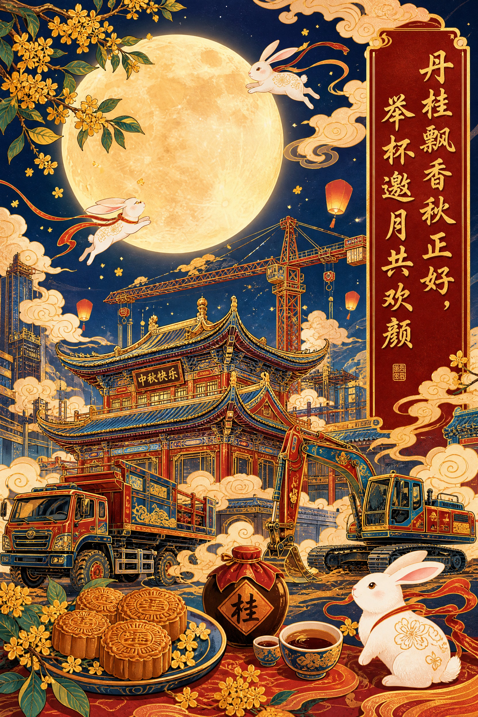 竖版国潮风格中秋插画海报，比例3:2。画面主体为中秋月夜场景，… - 图片创意预览
