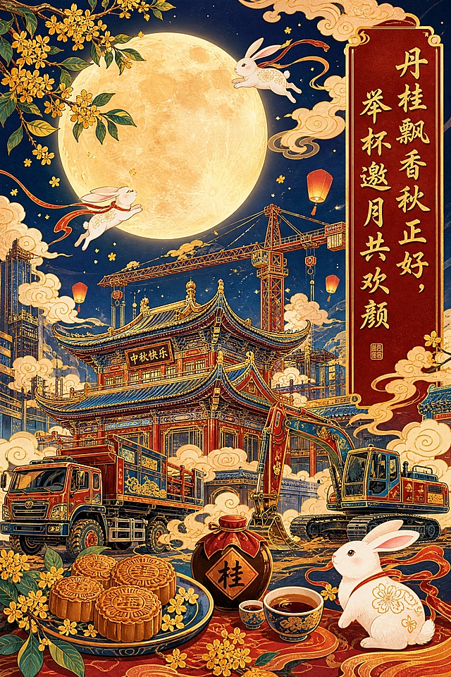 竖版国潮风格中秋插画海报，比例3:2。画面主体为中秋月夜场景，背景融入中国风古建筑与工程机械设备（如起重机、工程车）的创意融合，建筑与机器以国潮线条和祥云纹样装饰，呈现传统与现代结合的视觉效果。天空中有一轮硕大的明月，周围环绕着祥云、桂花枝和飞舞的玉兔，整体色调以朱红、金色、靛蓝为主，营造浓厚的中秋节日氛围。海报右侧竖排排列诗句"丹桂飘香秋正好，举杯邀月共欢颜"，字体为可免费商用的国潮书法字体，金色描边，竖向排版整齐美观。画面下方有盛放的桂花、月饼、酒盏等中秋元素点缀，整体构图饱满，国潮韵味十足，细节丰富，2K高清画质。