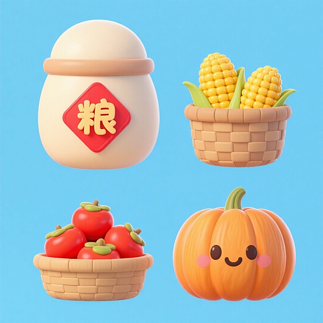 4个中秋素材组合，可爱电商促销感。素材包括：第一个粮仓（贴着带有 “粮” 字的红色菱形福字）；第二个一筐玉米；第三个一筐柿子；第四个南瓜。画面整体呈现鲜艳效果，淡蓝色背景。上下两行，排列整齐
