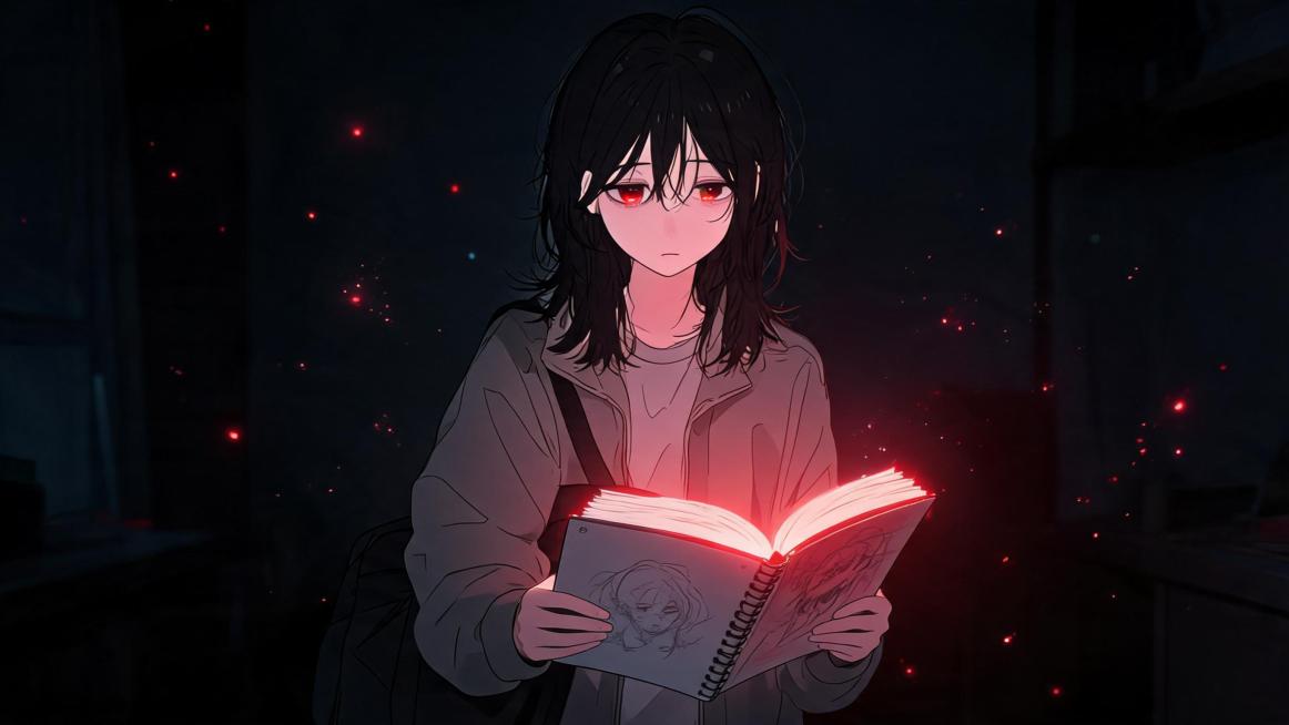 画面中，参考图的这个女孩站在黑暗的房间里，手中握着一本发光的素描本。明亮的红色光线照亮了她的脸庞，她的双眼中闪烁着希望的光芒。魔法粒子在空中飞舞，呈现出一种富有电影感的 2D 超现实动画效果，整个场景预览效果