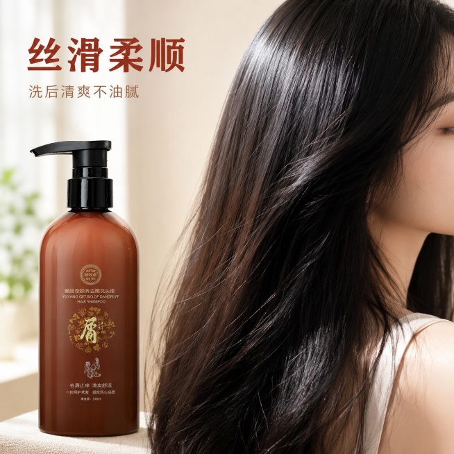 [主图-3] 颐丝恋去屑洗头液使用后效果展示；
[氛围风格] 清新自然，真实秀发质感；
[画质] 商业摄影质感，高清清晰，画面干净高级。
[元素] 右侧是女性乌黑亮泽披肩秀发的中近景特写，发丝清爽飘逸预览效果