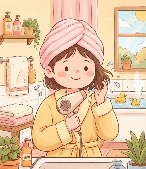 女生经期健康科普，谣言辟谣：经期可以用温水洗头，洗完及时吹干，保持相近的卡通可爱手绘插画风格，更换人物形象，不要和之前一模一样，温暖柔和色调，丰富背景，无文字，科普插图预览效果