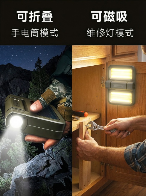 将左侧手电筒模式场景替换为户外山地夜间环境，右侧维修灯模式场景替换为室内家具维修环境，保留原有的灯、人物手部和上方文字不变预览效果
