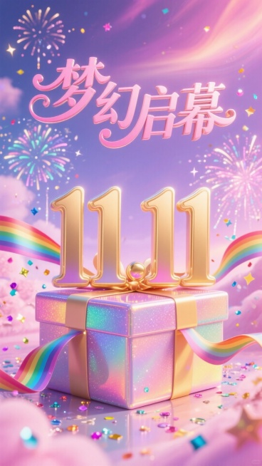 童话奇幻风格，“11.11” 立体字，上方粉金色 “梦幻启幕” 花体艺术字，周围环绕童话风彩釉礼盒、彩虹丝带、烟花、彩色亮片，背景为粉紫渐变的梦幻天空。预览效果