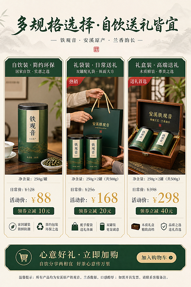 [第8张] 铁观音详情页礼盒规格选择区。新中式雅致风，米白#F5F0E8底色。顶部主标题书法体「多规格选择·自饮送礼皆宜」。主体三栏并列展示三款SKU：左侧自饮装250g密封罐简约环保，配居家自饮场景图，标注价格；中间礼袋装双罐配手提袋日常送礼，配送礼场景图，贴「热销」标签；右侧礼盒装木质精装高端送礼，配高端礼盒场景图，贴「送礼首选」标签。每款明确标注净含量、价格、优惠信息。底部加购引导条。墨绿#2D5A3D主色，琥珀金#C9A96E价格高亮，宋体正文，排版清晰对比明确，产品包装真实摄影质感，场景自然。
