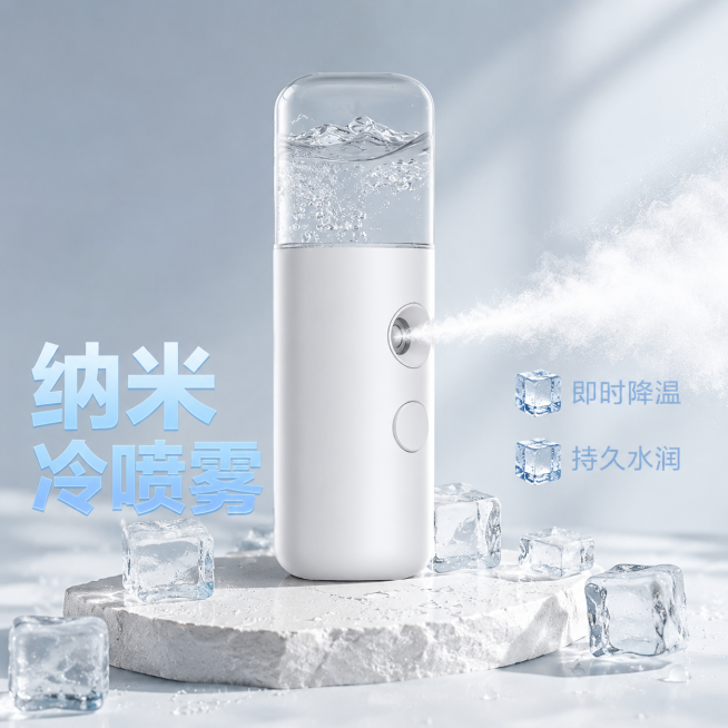 [主图-2] 纳米喷雾补水仪核心功效展示
[氛围风格] 苹果极简日式美容仪风格，夏季清凉美学
[画质] 商业摄影质感，光线柔和通透，产品清晰真实，画面干净高级
[元素] 保持纳米喷雾补水仪外观，物理结预览效果