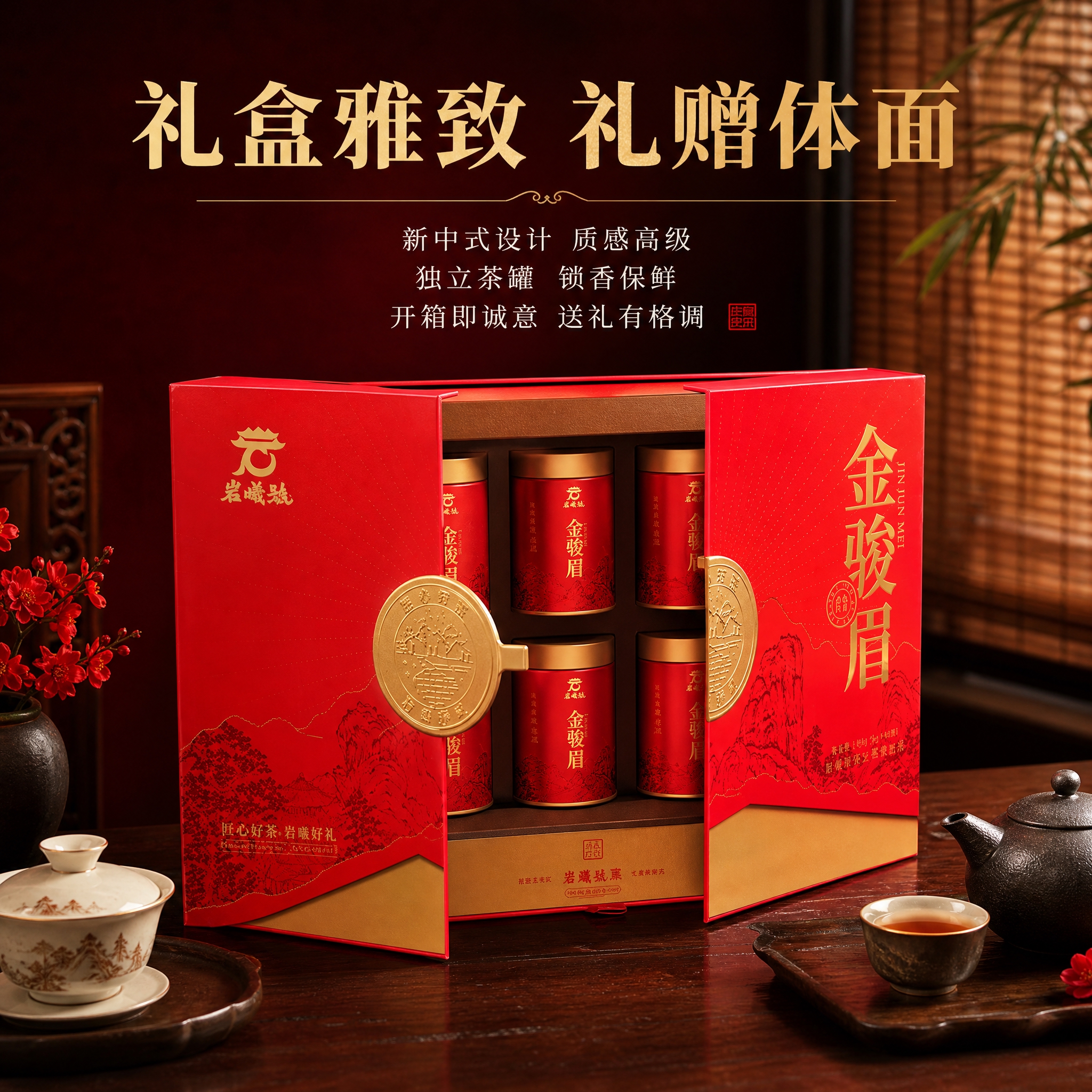 基于图中的岩曦号金骏眉红色双开礼盒（侧面45度视角），生成抖音… - 图片创意预览
