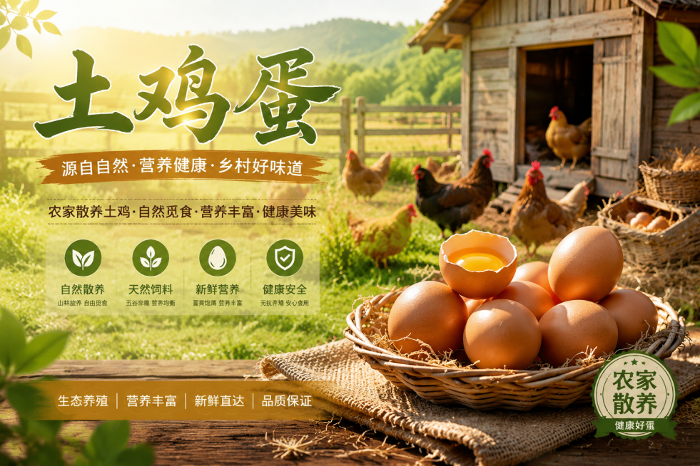 土鸡蛋农产品宣传彩页，标题文字为"土鸡蛋"，背景是农场牧场场景，农场里有一群鸡在下蛋，前景摆放一篮新鲜的土鸡蛋，自然阳光，田园风格，高清写实，农产品宣传设计预览效果
